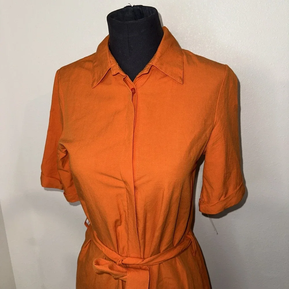 Ivo Nikkolo  Orange Button Up Linen Dress Short Sleeve Size XS‎ Waist Belt